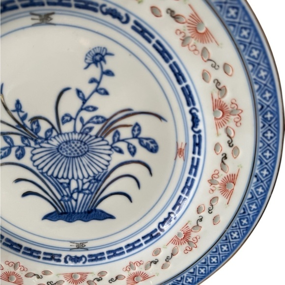 Tienshan Rice Flower Blue White 10 in embossed trim Dinner plate Rice Grain - Picture 4 of 6